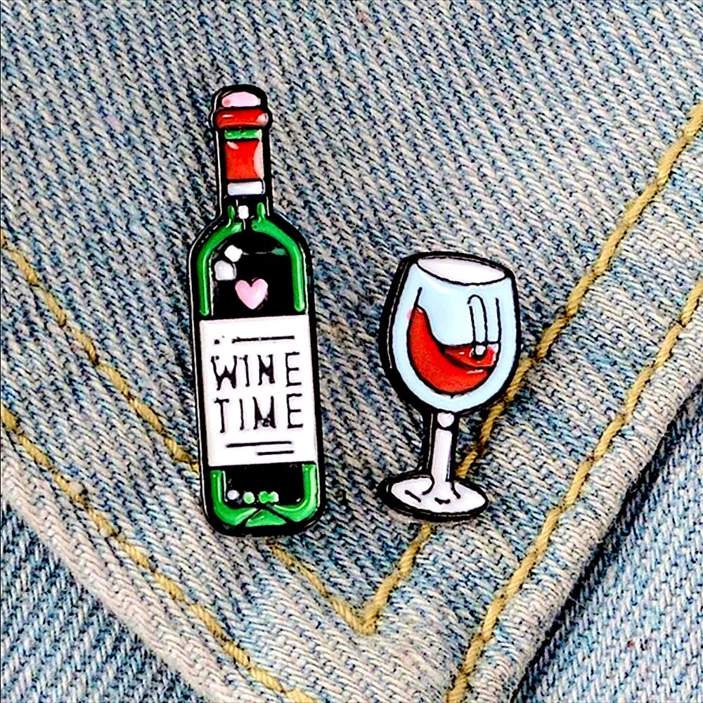 Wine Time SET of Enamel Pins with BOTH A Wine Bottle Pin AND A Wine Glass Pin!